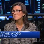 A screenshot of Cathie Wood being interviewed.