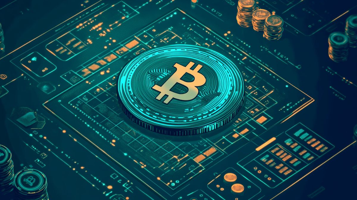 Bitcoin in the center of a high-tech design casino board