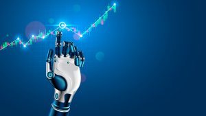 Robot hand taps finger on automated trading platform chart